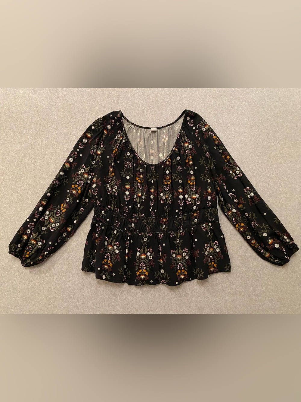 Old Navy Womens Artsy Floral Peasant Top 2X Black Flowy Balloon Sleeve Boho